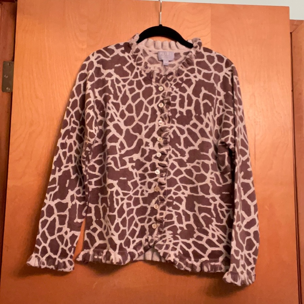 NWT Pure cashmere giraffe print ruffled cardigan.